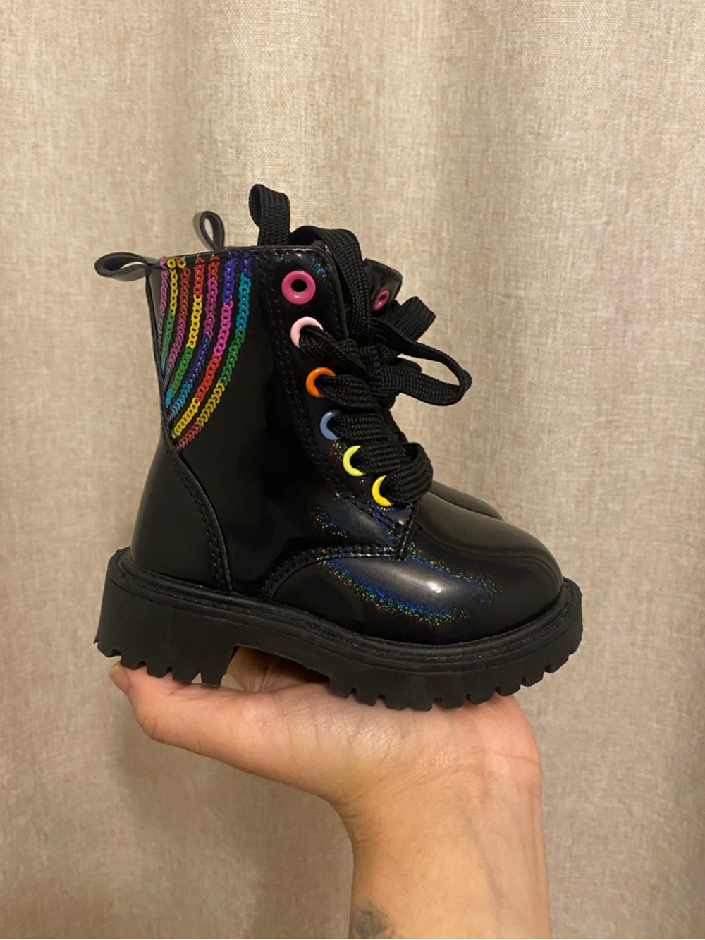 Kids Black Patent Lace-Up Boots with Rainbow
